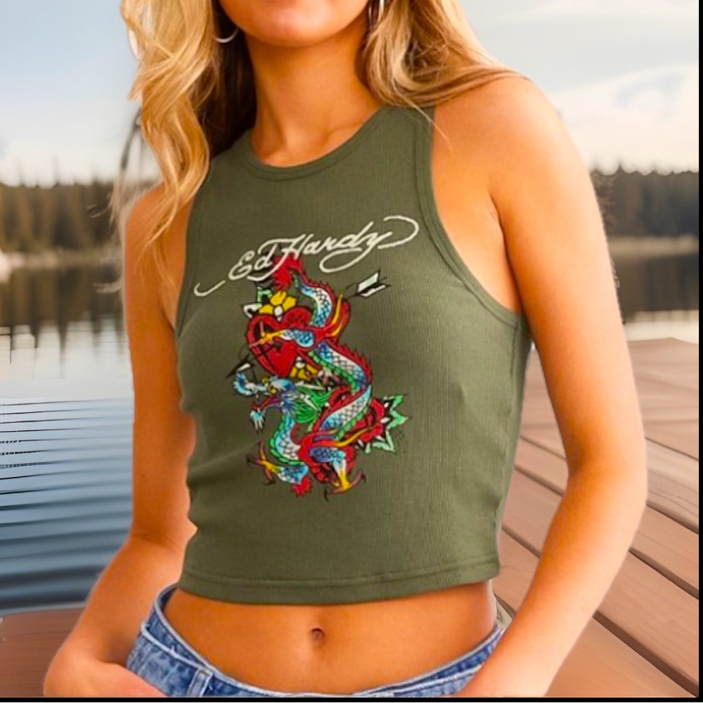ED HARDY Dragon Heart Fitted Rib Knit Cropped Tank Top Olive DON ED HARDY DESIGN